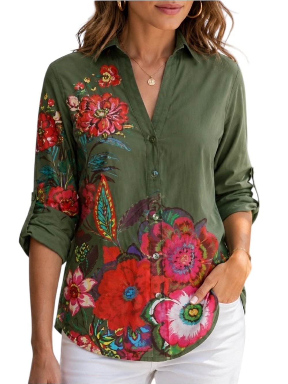 Desigual Green Floral Cotton Button Shirt CAM Sabina US M EUR L